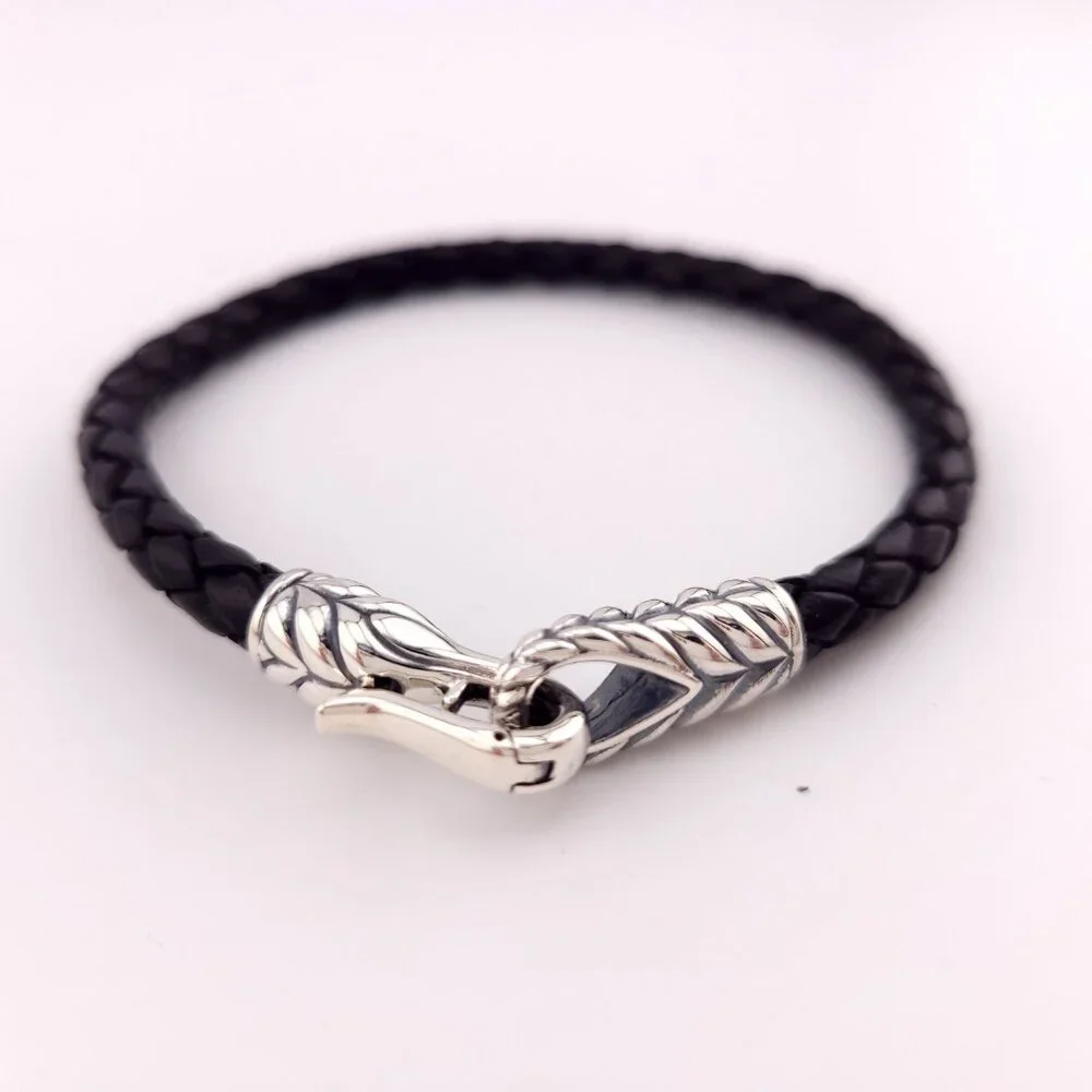 DAVID YURMAN Sterling Silver 925 Black Leather Chevron Woven Bracelet 8